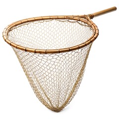 Obraz premium Close up of a fishing net with a wooden handle and a light colored mesh against a white background