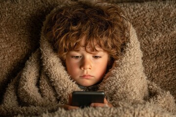 Child wrapped in a blanket quietly focused on a smartphone in a cozy setting