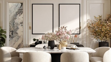 Elegant Dining Room with Marble Table and Flower Arrangements in Modern Interior