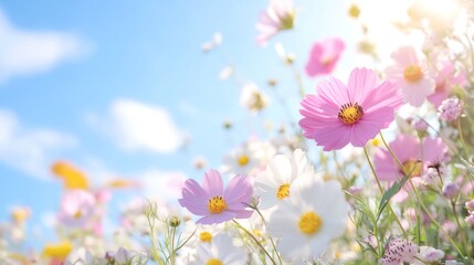 Fototapeta premium Blossoming in Paradise: Cosmos flowers flourish in a vibrant display, with pastel petals reaching toward the sun-kissed sky. the air filled with an atmosphere of calmness and the essence of nature.