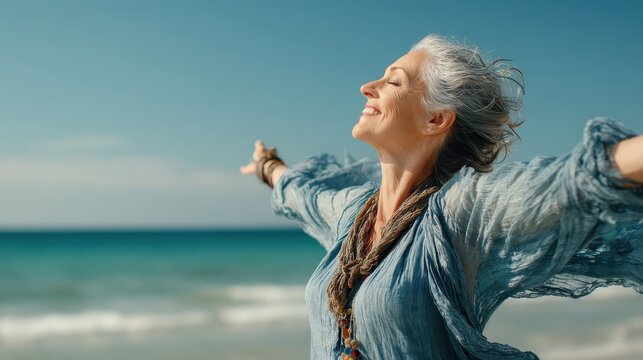 happy mature woman with arms outstretched feeling the breeze at beach beautiful middle aged woman with arms up dancing on beach mid lady feeling good and enjoying freedom at sea copy space no logos n