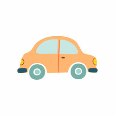 Cartoon illustration of a cute orange car with light blue tinted windows and teal tires, isolated.