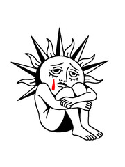 Illustration of a sad sun with a tear in minimalist style