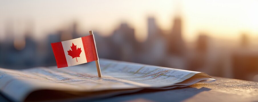 Small Canadian flag stands proudly on open map, symbolizing exploration and adventure in Canada