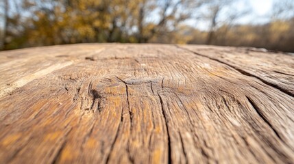 Obraz premium Weathered Wood Table: An expansive view of a weathered wooden table stretches towards the horizon, the coarse texture and aged grain, conveying a sense of history and rustic charm.