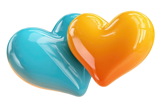 Two glossy, overlapping hearts, one teal, one orange