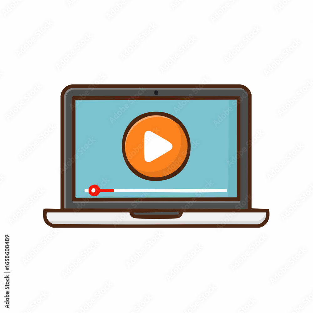 Poster minimalist laptop illustration showing a video player with a large orange play button and playback p
