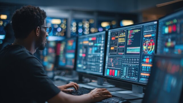 Technician focused on multiscreen dashboard display medium shot with servers and network gear blurred highlighting rollback process tension.