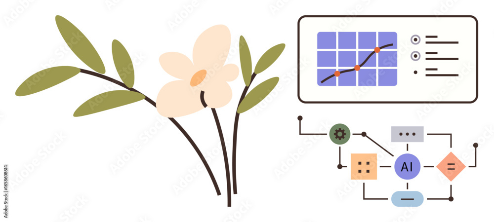 Poster delicate flower with leaves beside a data analysis chart and ai interface flowchart. ideal for innov