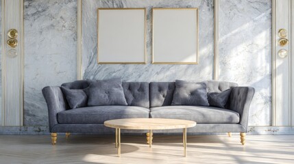 Elegant Gray Velvet Sofa with Gold Frame in Modern Living Room