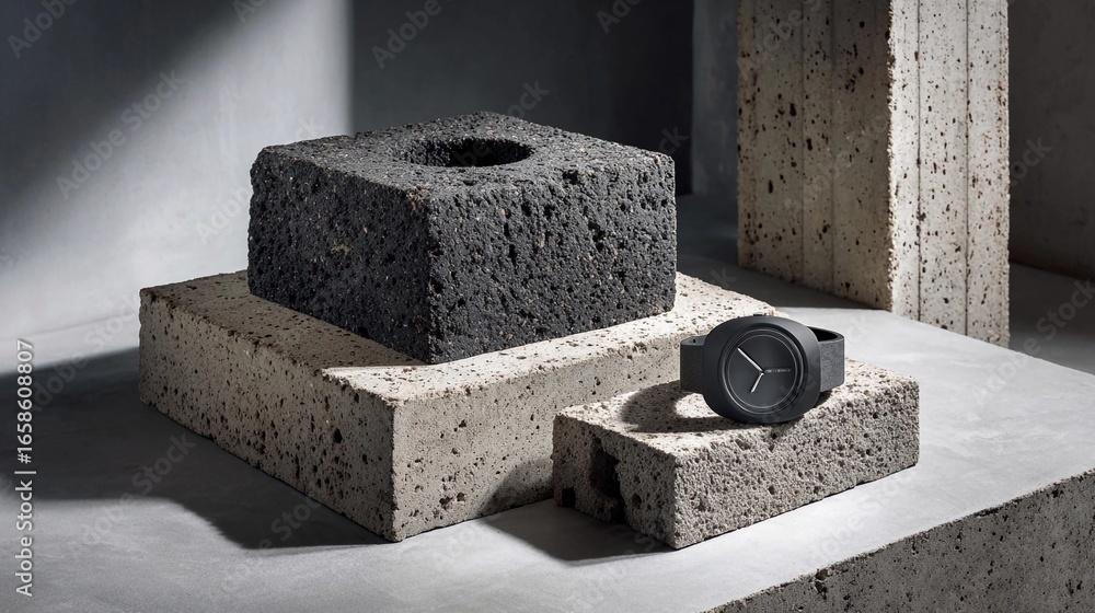 Poster modern watch displayed on textured concrete blocks in minimalist setting with soft lighting