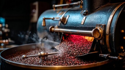 Freshly roasted coffee beans emerge from a vintage roasting machine at a café workshop