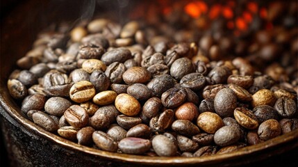 Roasting coffee beans over an open flame in a rustic setting during the morning