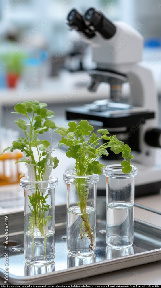 Poster research on plant growth using a microscope and clear test tubes with water in a laboratory setting
