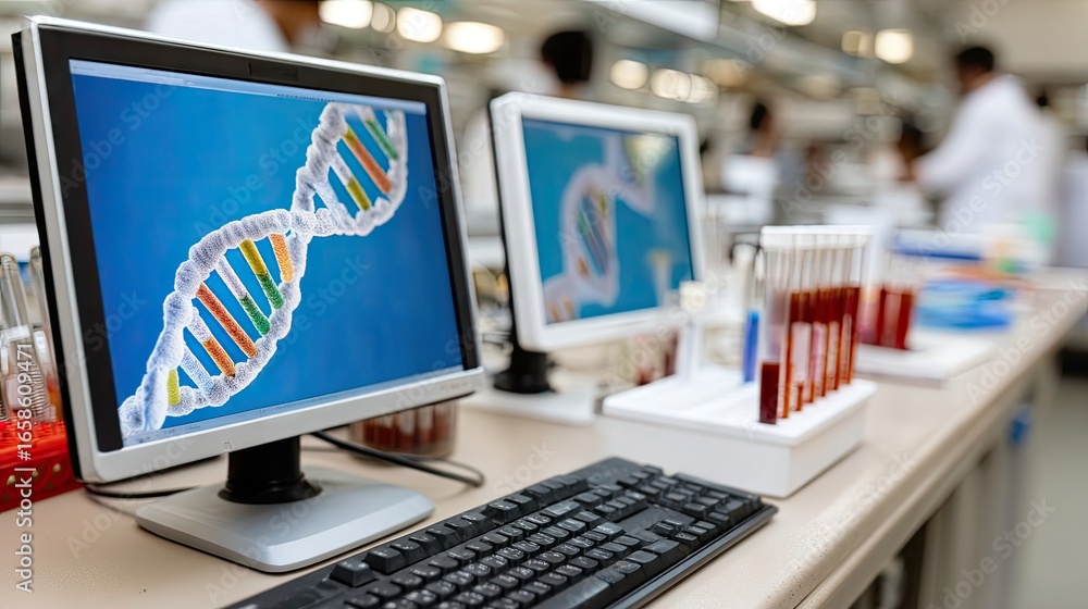 Poster laboratory equipment displays dna analysis on computer screen during research activity in a modern l