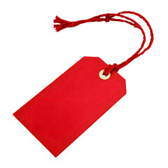A single red blank tag with a red string tied through the hole, isolated on a transparent background, ready for custom text or pricing information