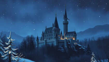 Majestic gothic castle silhouetted against a starry night sky with snow covered trees