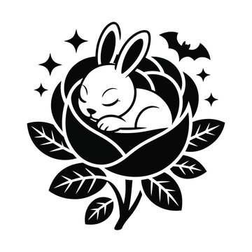 Black and white Halloween vector illustration of a sleeping cat pumpkin against a crescent moon with stars and flying bats in circular design