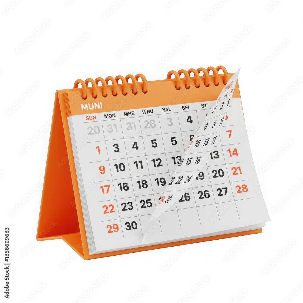 Aufkleber orange desk calendar with spiral binding showing a monthly view isolated on transparent background