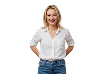Obraz premium Young woman in white shirt and jeans standing with hands behind her back isolated on transparent background