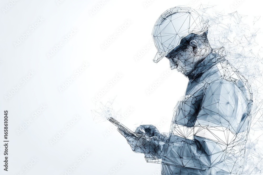 Poster abstract polygonal representation of an engineer utilizing technology to enhance project efficiency 