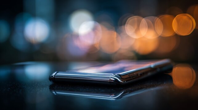 Modern Smartphone Resting on a Dark Surface with Blurred City Lights in the Background
