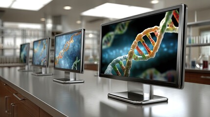 Naklejka premium Laboratory setting showcases multiple computer monitors displaying DNA structures and molecular biology research in a modern workspace