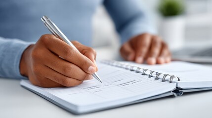 Professional business meeting scene with a person writing in a notebook surrounded by documents and office supplies emphasizing productivity and workplace organization