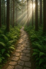 Fototapeta premium Sunbeams streaming through forest path with ferns