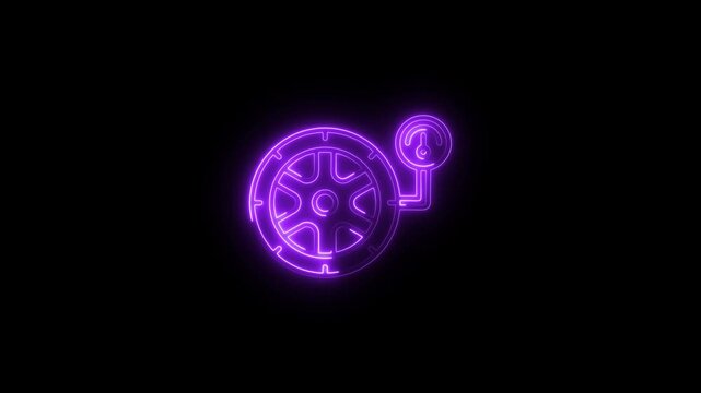 Neon purple car tire and pressure gauge icon glowing on black background automotive technology