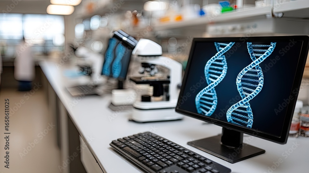Aufkleber advanced laboratory showcasing dna analysis with computer and microscope setup in modern research fa