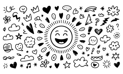 Cute line sketch star, arrow, heart decoration element icon set. Hand drawn sketch doodle cute star, emphasis, flower element. Pen line text decoration shape icon. Hand drawn vector illustration. 