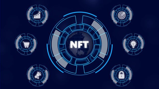 NFT Personal data protection regulation cyber security. Business network concept. a futuristic holographic advanced HUD circle platform Business, Technology network background concept - Powered by Adobe