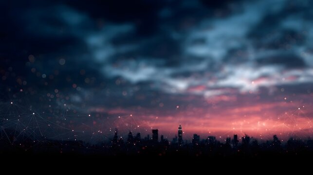 Glowing city skyline at twilight with network signals