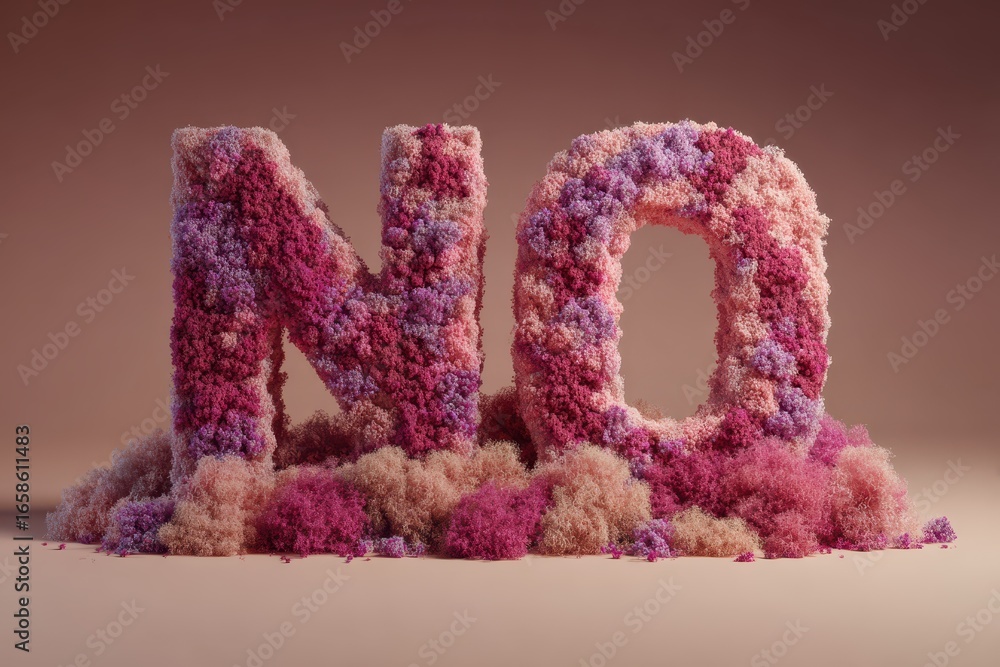 Poster creative sculpture conveying the word no in colorful soft textures, capturing attention in a minimal