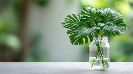 Beautiful lush tropical plant with vibrant green leaves in a clear glass jar perfect for home decor interior design and creating a fresh natural ambiance