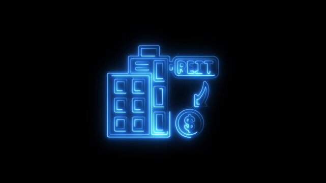 Neon blue R E I T building with dollar coin and down arrow glowing on black background financial