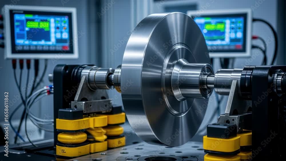 Poster side view of a robust flywheel rotor in a spintest rig surrounded by digital control panels and vibr
