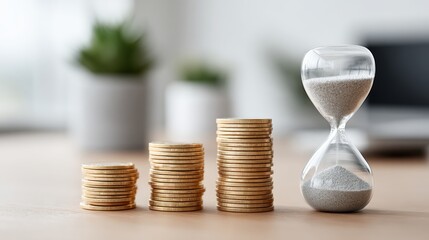 Financial growth and investment concept with coins stacked hourglass symbolizing time and money wealth economic prosperity and successful business strategy