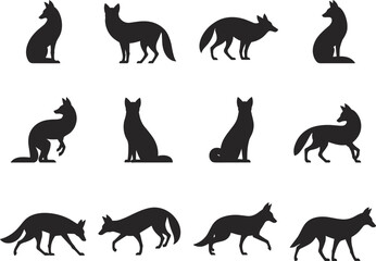 Fox silhouette vector icons, wild animal shapes, woodland creatures clipart, black fox illustrations, wildlife design elements, SVG graphics