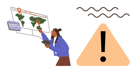 Woman examines world map on digital screen with location markers. Adjacent triangle sign with exclamation mark emphasizes caution. Ideal for global monitoring, risk management, safety, climate