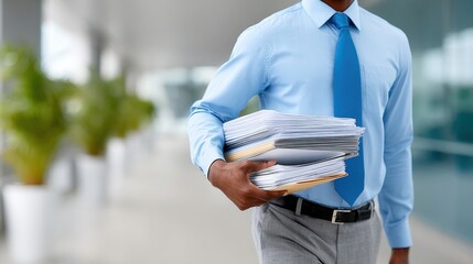 Professional business man in formal office attire holding a stack of documents representing corporate work meetings and successful teamwork in a modern workspace