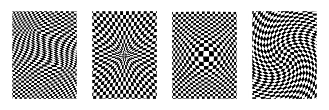Set of optical illusion checker textile with squiggle shapes and curvy distortion. Deep black and white perspective for race themes, handdrawn fashion patterns, digital wallpaper. Vector illustration