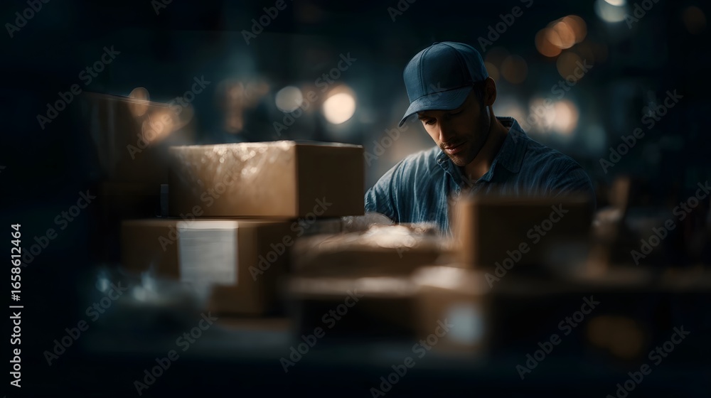 Poster worker packaging orders for delivery in a dimly lit workspace