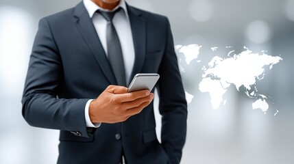 Professional business attire with modern smartphone in corporate environment showcasing digital communication technology networking and success in an office setting