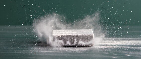 Chalkboard Eraser Hitting Blackboard with Dust Cloud in Air, Ultra Wide Macro Close Up, Green Slate Surface