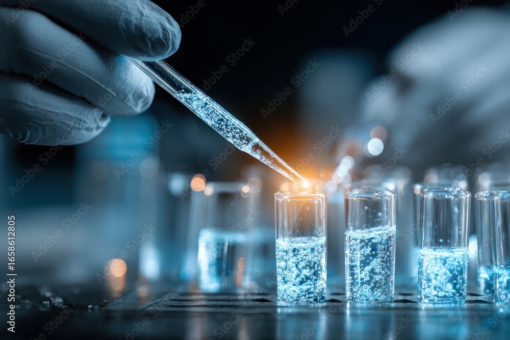 Poster biotechnology researchers conducting precise pipetting of samples in a laboratory setting during a c