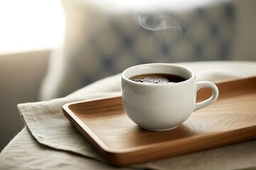 Simple White Ceramic Coffee Cup with Steam on a Wooden Tray