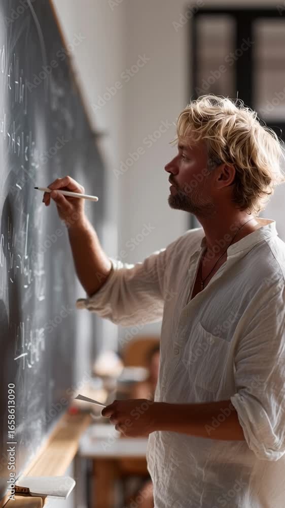 Poster Educator demonstrates math concepts in a classroom with a chalkboard and students engaged in learning