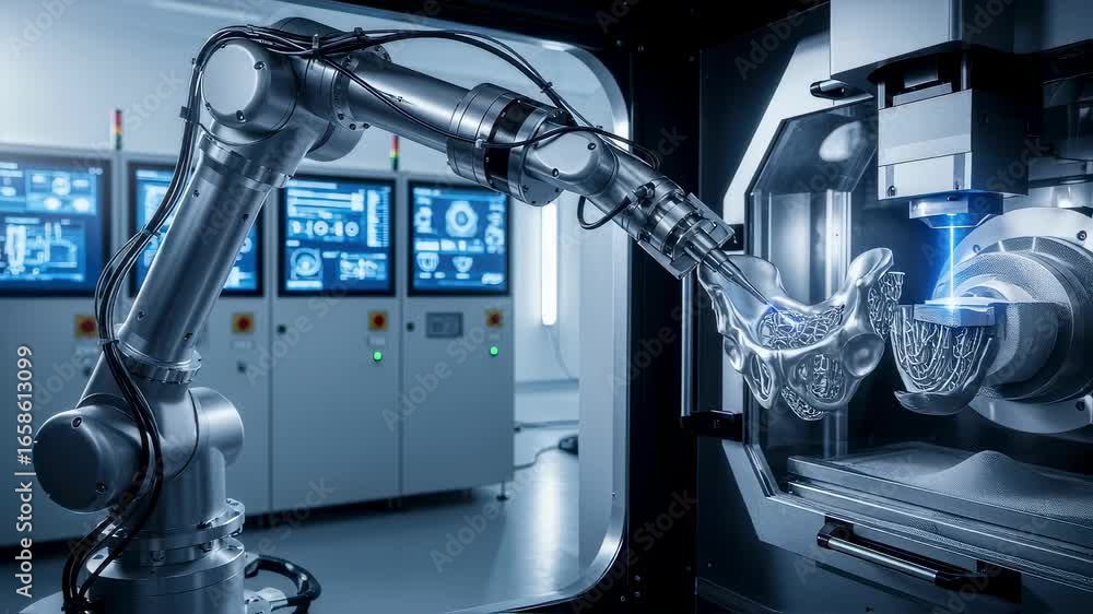 Poster robotic arm operating a titanium implant 3d printing machine inside a clean additivemanufacturing ce
